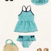 Pepa London Adelaide Floral Bow Detail Two Piece Swimsuit in Green (2-10yrs) | Adelaide Floral Beach Hat in Green (S-M) | Adelaide Floral Detail Raffia Bag in Green | Leather Buckle Detail Sandals in Camel (24-34EU)