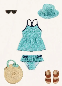 Pepa London Adelaide Floral Bow Detail Two Piece Swimsuit in Green (2-10yrs) | Adelaide Floral Beach Hat in Green (S-M) | Adelaide Floral Detail Raffia Bag in Green | Leather Buckle Detail Sandals in Camel (24-34EU)