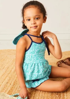 Pepa London Adelaide Floral Bow Detail Two Piece Swimsuit in Green (2-10yrs) | Adelaide Floral Beach Hat in Green (S-M) | Open Toe Leather Sandals in Brown (17-30EU) | Adelaide Floral Detail Raffia Bag in Green