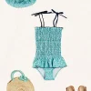 Pepa London Adelaide Floral Smock Detail Swimsuit in Green (2-10yrs) | Adelaide Floral Beach Hat in Green (S-M) | Adelaide Floral Detail Raffia Bag in Green | Leather Buckle Detail Sandals in Camel (24-34EU)