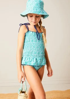 Pepa London Adelaide Floral Smock Detail Swimsuit in Green (2-10yrs) | Adelaide Floral Beach Hat in Green (S-M) | Adelaide Floral Detail Raffia Bag in Green | Leather Buckle Detail Sandals in Camel (24-34EU)