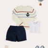 BOY Pepa London Anchor Motif Cable Detail Jumper in Beige (2-10yrs) | Button Detail Cotton Top in White (2-6yrs) | Classic Turn-up Hem Cotton Shorts in Navy (12mths-4yrs) | T-Bar Baby Shoes in Blue (20-26EU) | Cotton Short Socks Cream (0mths-10yrs)