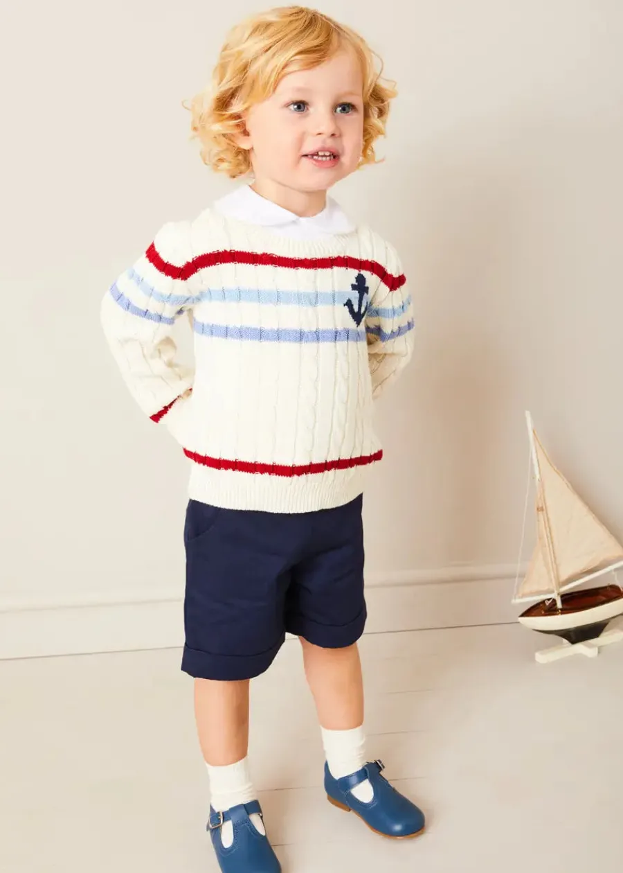 BOY Pepa London Anchor Motif Cable Detail Jumper in Beige (2-10yrs) | Button Detail Cotton Top in White (2-6yrs) | Classic Turn-up Hem Cotton Shorts in Navy (12mths-4yrs) | T-Bar Baby Shoes in Blue (20-26EU) | Cotton Short Socks Cream (0mths-10yrs)