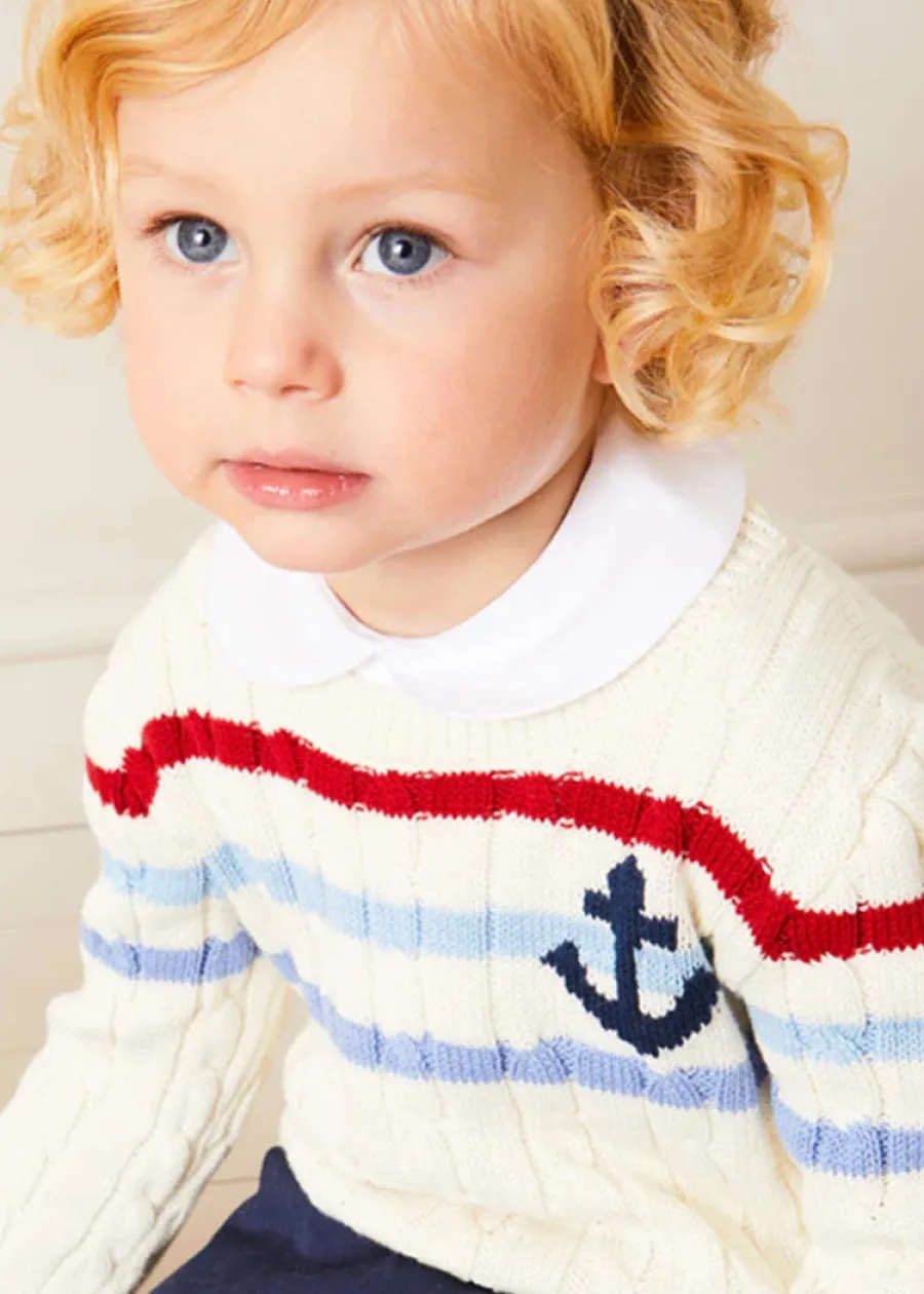 BOY Pepa London Anchor Motif Cable Detail Jumper in Beige (2-10yrs) | Button Detail Cotton Top in White (2-6yrs) | Classic Turn-up Hem Cotton Shorts in Navy (12mths-4yrs) | T-Bar Baby Shoes in Blue (20-26EU) | Cotton Short Socks Cream (0mths-10yrs)