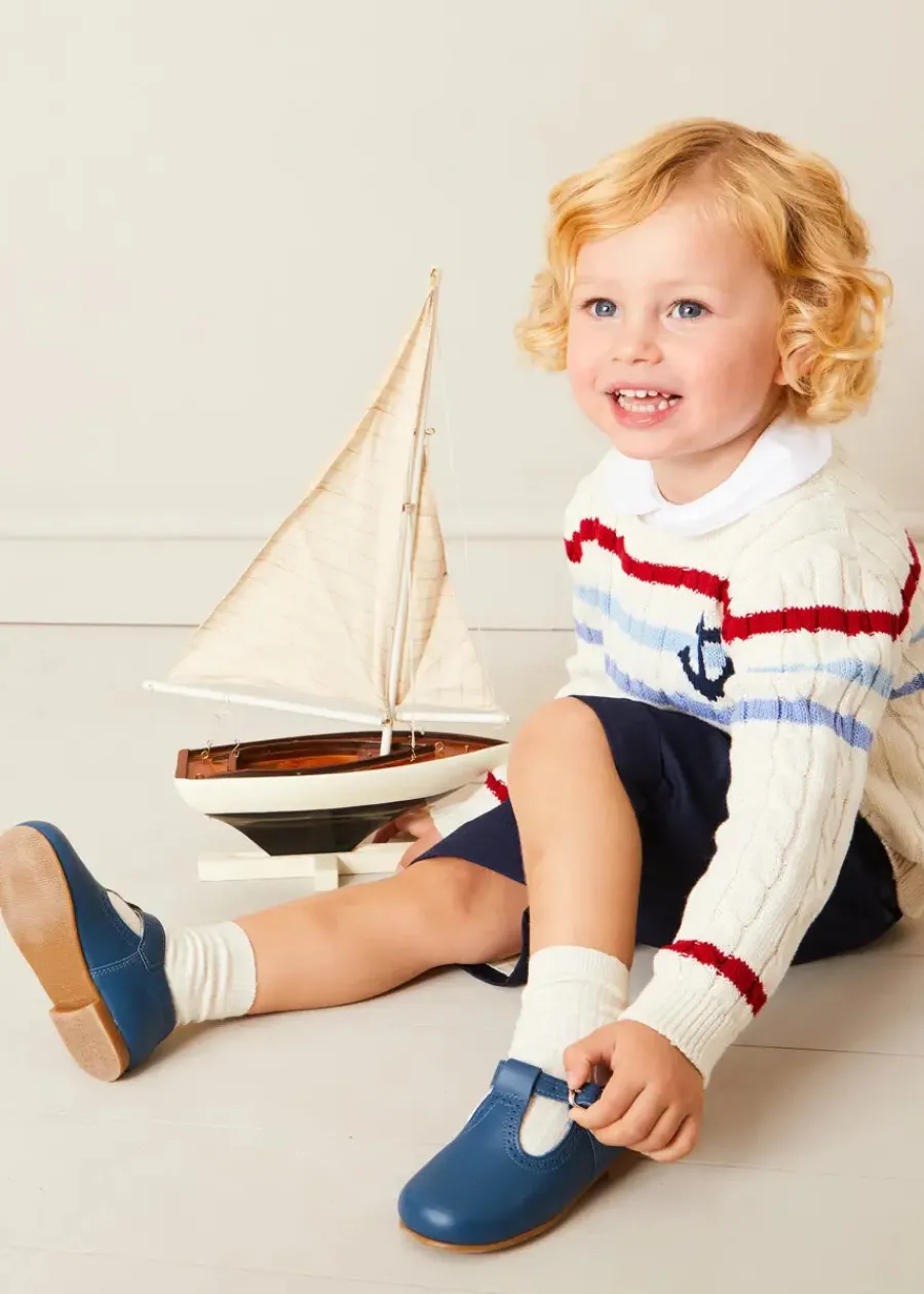 BOY Pepa London Anchor Motif Cable Detail Jumper in Beige (2-10yrs) | Button Detail Cotton Top in White (2-6yrs) | Classic Turn-up Hem Cotton Shorts in Navy (12mths-4yrs) | T-Bar Baby Shoes in Blue (20-26EU) | Cotton Short Socks Cream (0mths-10yrs)