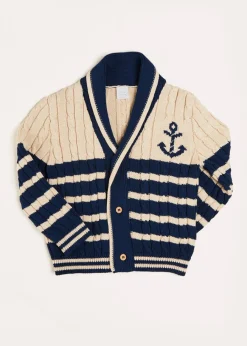 BOY Pepa London Anchor Motif Striped Cable Knit Cardigan in Navy (2-10yrs)