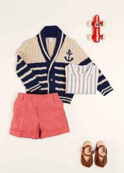 BOY Pepa London Anchor Motif Striped Cable Knit Cardigan in Navy (2-10yrs)