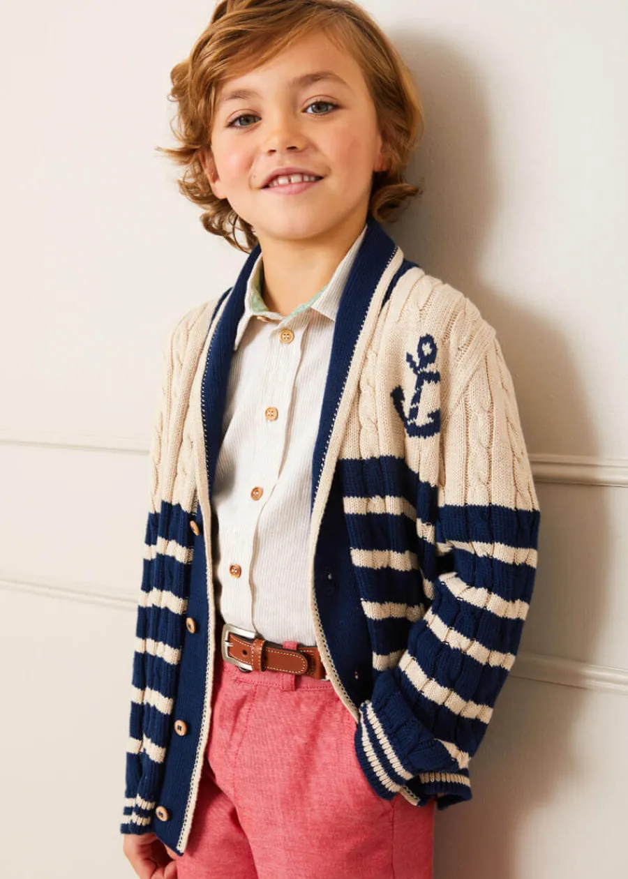 BOY Pepa London Anchor Motif Striped Cable Knit Cardigan in Navy (2-10yrs)