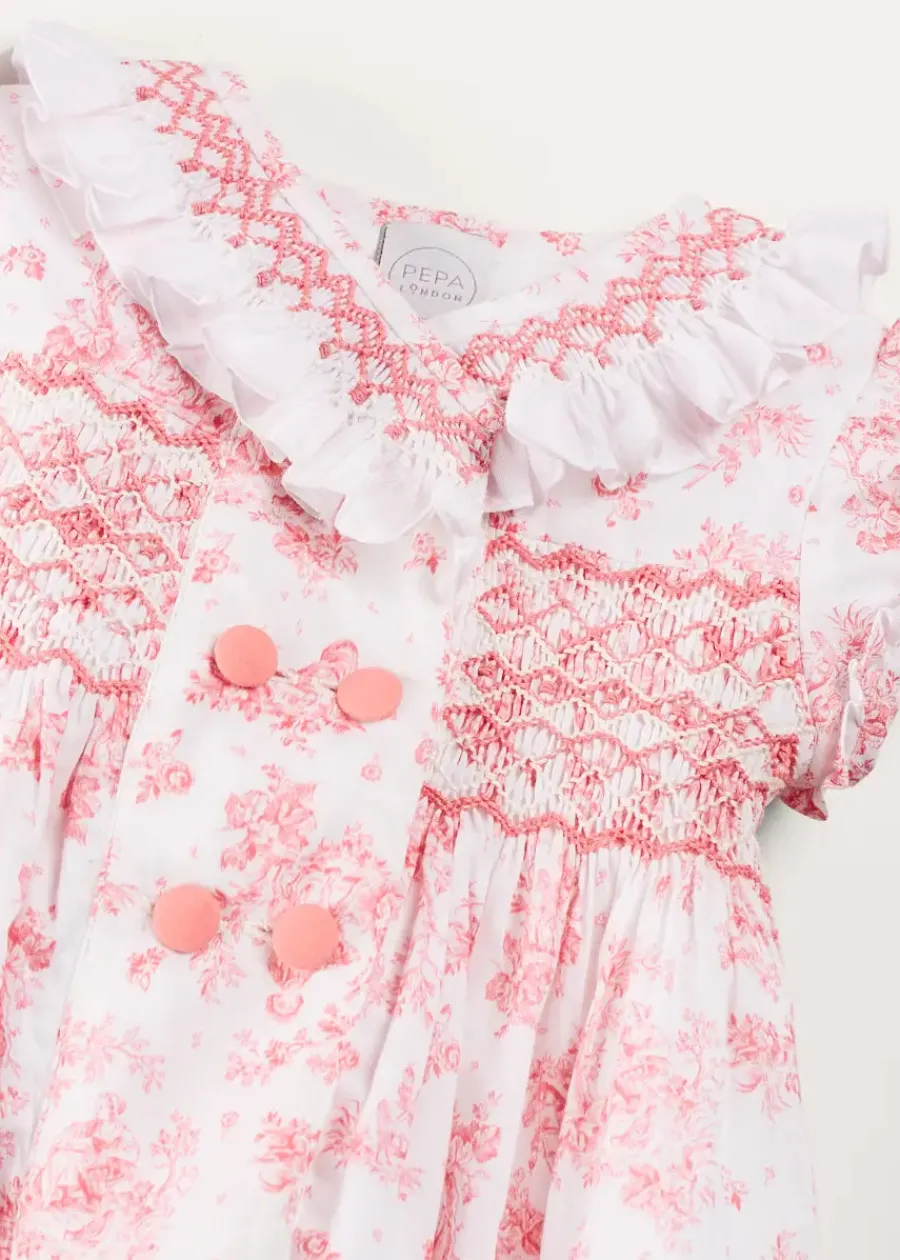Pepa London Audrey Hand Smocked Double Breasted Short Sleeve Romper in Pink (6mths-2yrs)