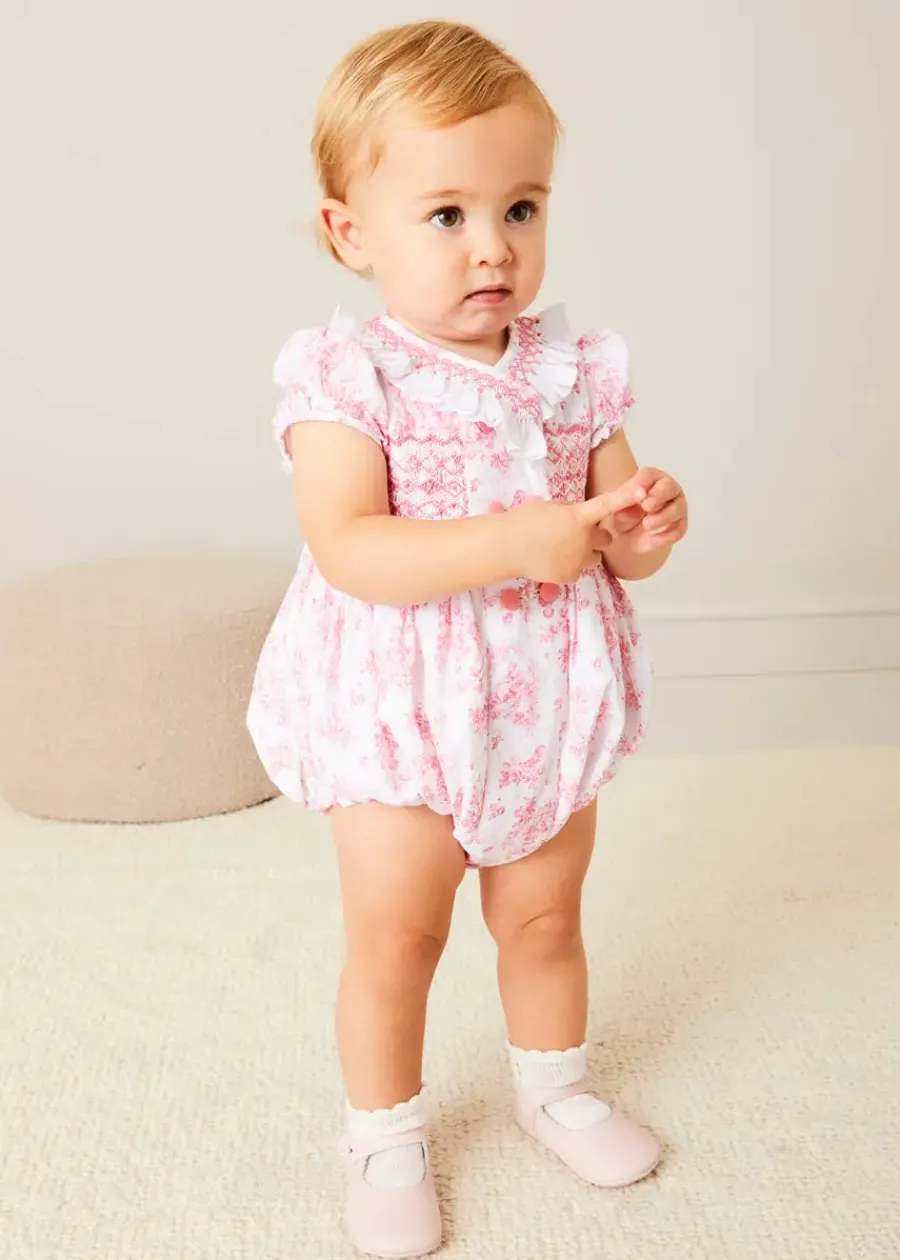 Pepa London Audrey Hand Smocked Double Breasted Short Sleeve Romper in Pink (6mths-2yrs)