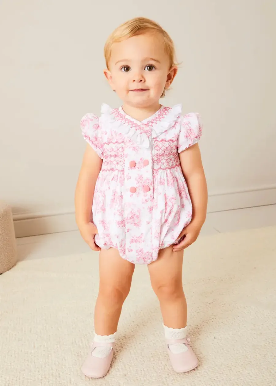 Pepa London Audrey Hand Smocked Double Breasted Short Sleeve Romper in Pink (6mths-2yrs)
