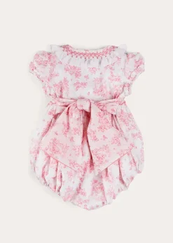 Pepa London Audrey Hand Smocked Double Breasted Short Sleeve Romper in Pink (6mths-2yrs)