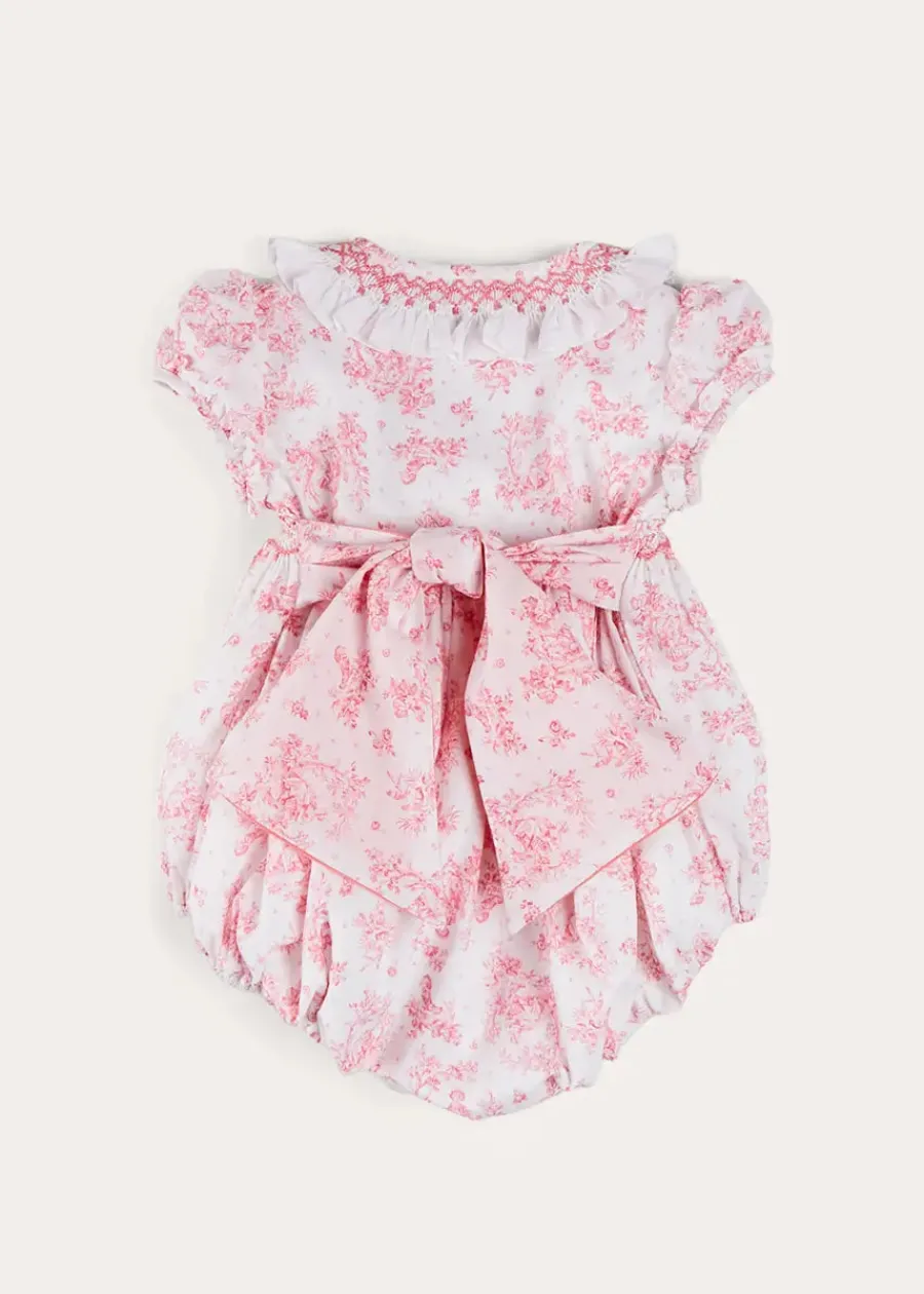 Pepa London Audrey Hand Smocked Double Breasted Short Sleeve Romper in Pink (6mths-2yrs)