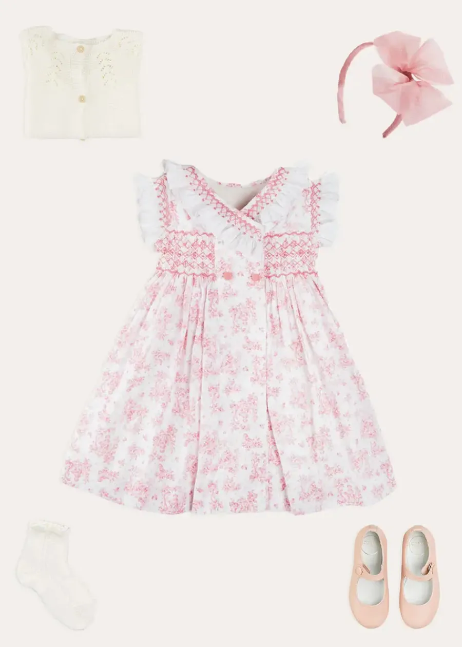 Pepa London Audrey Toile Hand Smocked Double Breasted Sleeveless Dress in Pink (12mths-10yrs) | Peter Pan Collar Swing Coat in Pink (18mths-10yrs) | Openwork Cotton Cardigan in Cream (6mths-10yrs) | Leather Mary Jane Shoes in Pink (24-34EU) | Traditional Big Bow Tulle Hairband in Dusty Pink | Openwork short socks White (0mths-8yrs)