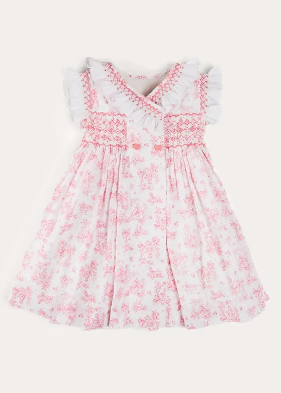 Pepa London Audrey Toile Hand Smocked Double Breasted Sleeveless Dress in Pink (12mths-10yrs)
