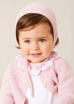 Pepa London Audrey Toile Scallop Collar Short Sleeve Bodysuit in Pink (1mth-2yrs) | Audrey Toile Bow Detail Bloomers in Pink (1mth-2yrs) | Openwork Cotton Cardigan in Pink (6mths-10yrs) | Openwork Cotton Knitted Bonnet in Pink (S-L) | Mary Jane Pram Shoes in Pink (17-20EU) | Audrey Toile Dummy Clip in Pink | Openwork short socks White (0mths-8yrs) | BIBS Dummy in Pink