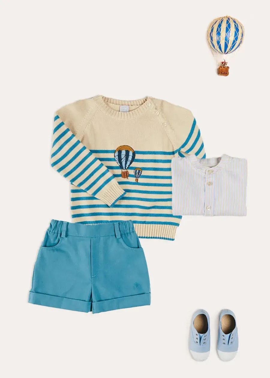 BOY Pepa London Balloon Intarsia Striped Jumper in Beige (12mths-6yrs) | Stafford Striped Mao Collar Long Sleeve Shirt in Yellow (12mths-10yrs) | Plain Elasticated Shorts in Blue (12mths-4yrs) | Canvas Plimsolls in Blue (20-35EU)