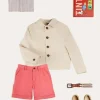 BOY Pepa London Beaufort Striped Mao Collar Long Sleeve Shirt in Blue (18mths-10yrs) | Plain Linen Shorts in Red (4-10yrs) | Lace Up Plimsolls in Taupe (24-35EU) | Beige Striped Belt | Tintin Book Set in Red