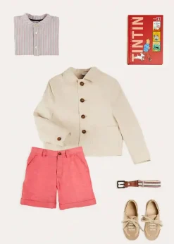 BOY Pepa London Beaufort Striped Mao Collar Long Sleeve Shirt in Blue (18mths-10yrs) | Plain Linen Shorts in Red (4-10yrs) | Lace Up Plimsolls in Taupe (24-35EU) | Beige Striped Belt | Tintin Book Set in Red