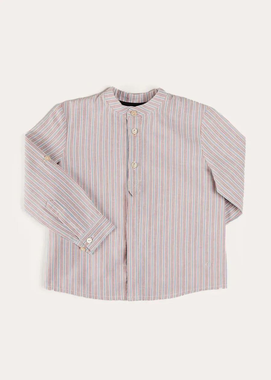 BOY Pepa London Beaufort Striped Mao Collar Long Sleeve Shirt in Blue (18mths-10yrs)