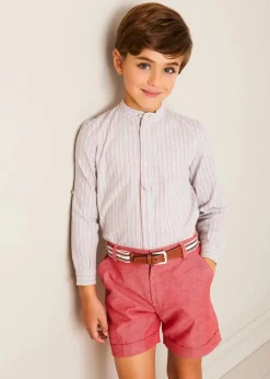 BOY Pepa London Beaufort Striped Mao Collar Long Sleeve Shirt in Blue (18mths-10yrs) | Plain Linen Shorts in Red (4-10yrs) | Lace Up Plimsolls in Taupe (24-35EU) | Beige Striped Belt | Tintin Book Set in Red