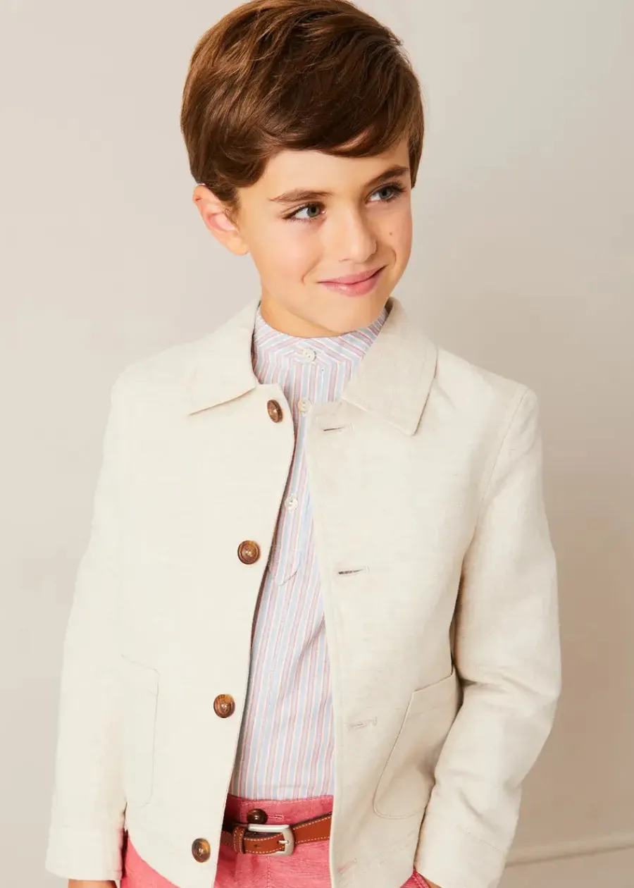 BOY Pepa London Beaufort Striped Mao Collar Long Sleeve Shirt in Blue (18mths-10yrs) | Plain Linen Shorts in Red (4-10yrs) | Lace Up Plimsolls in Taupe (24-35EU) | Beige Striped Belt | Tintin Book Set in Red