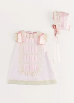 Pepa London Bespoke Organic Cotton Christening Dress and Bonnet in Light Pink