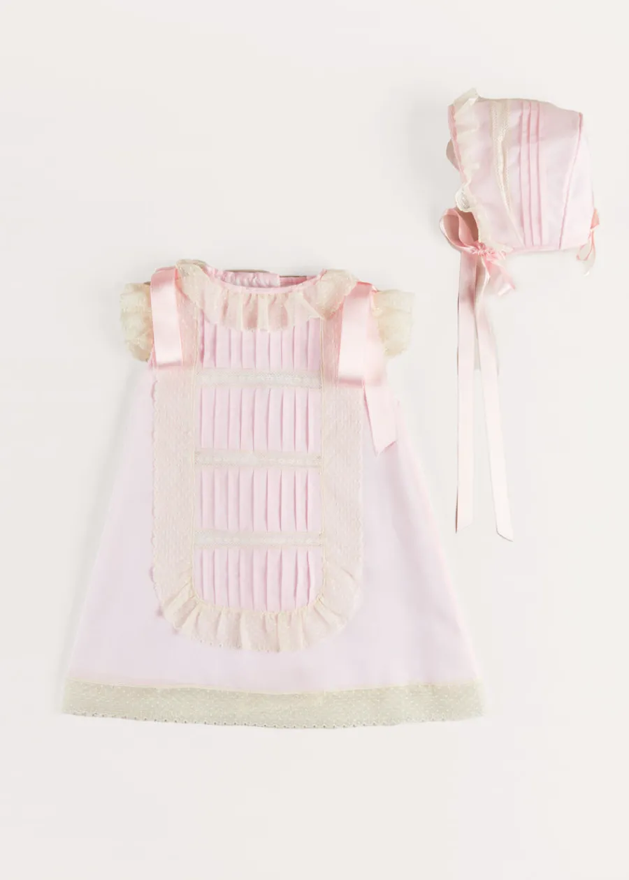 Pepa London Bespoke Organic Cotton Christening Dress and Bonnet in Light Pink