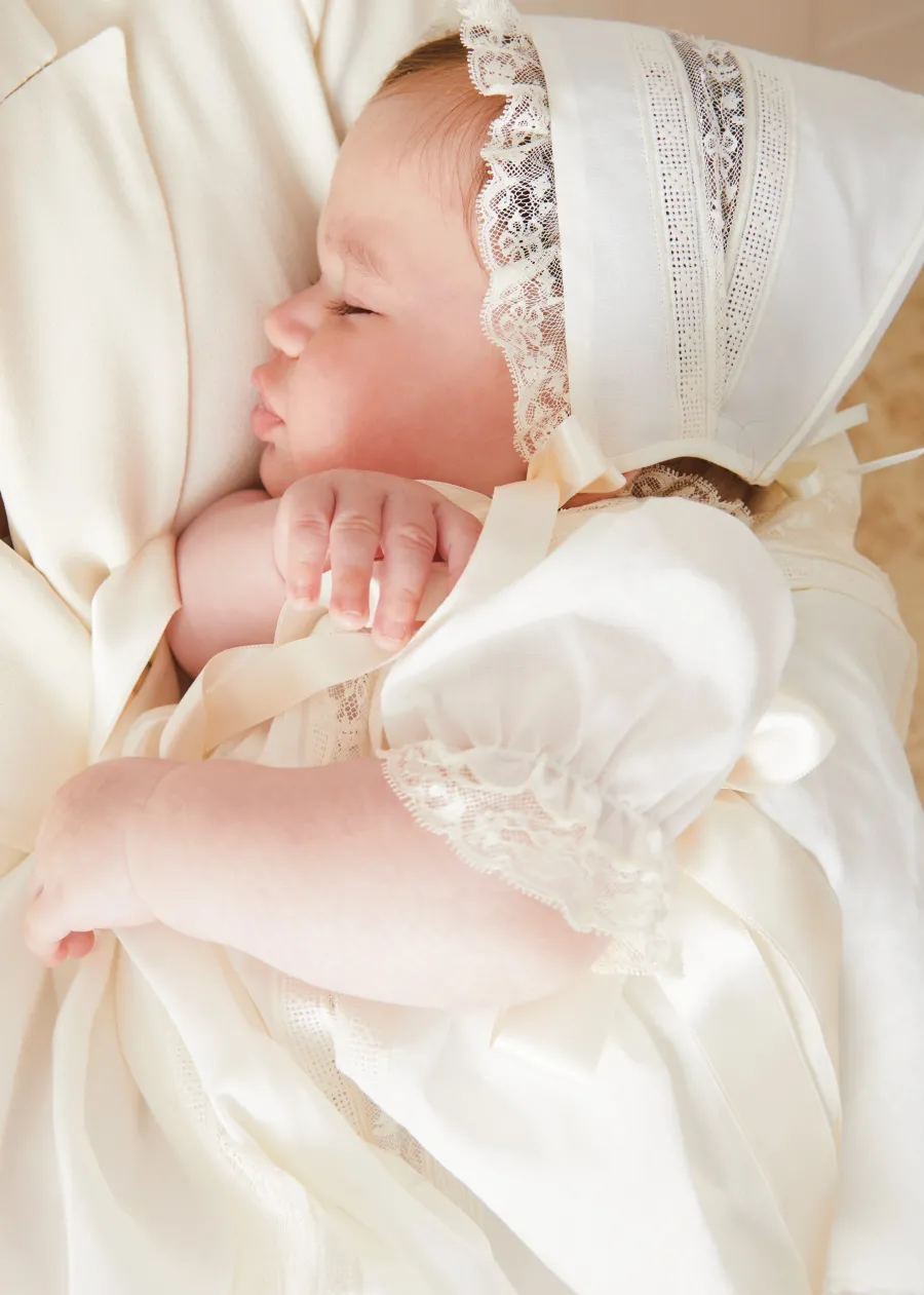 Pepa London Bespoke Organic Cotton Dress With Shoulder Ribbons and Bonnet