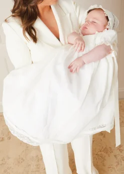 Pepa London Bespoke Organic Cotton Dress With Shoulder Ribbons and Bonnet