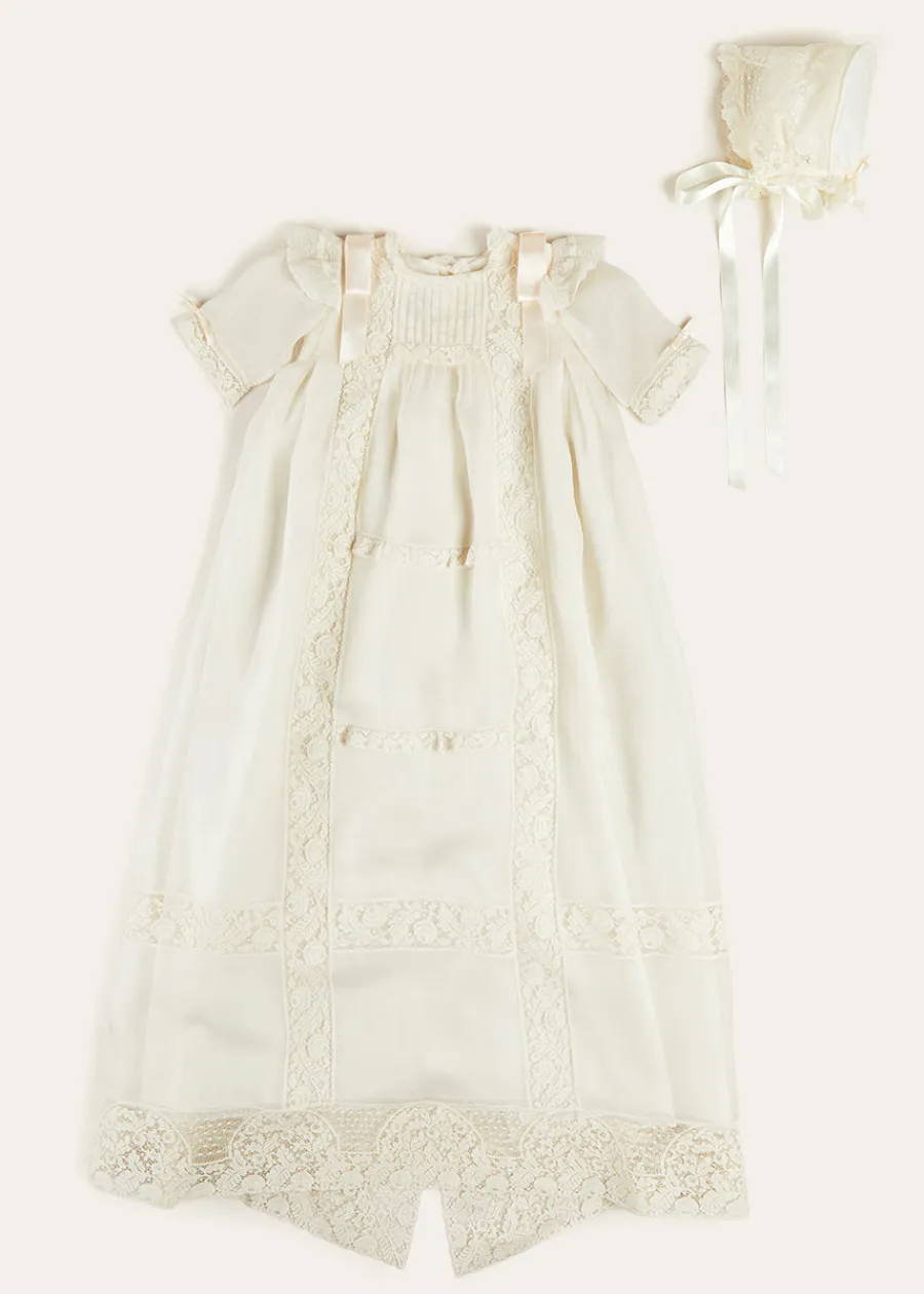 Pepa London Bespoke Organza Silk Christening Gown With Antique Lace and Bonnet