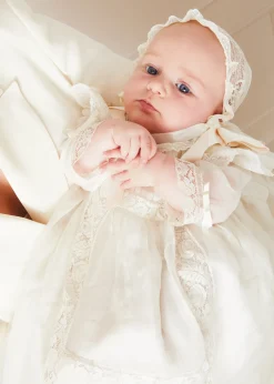 Pepa London Bespoke Organza Silk Christening Gown With Antique Lace and Bonnet
