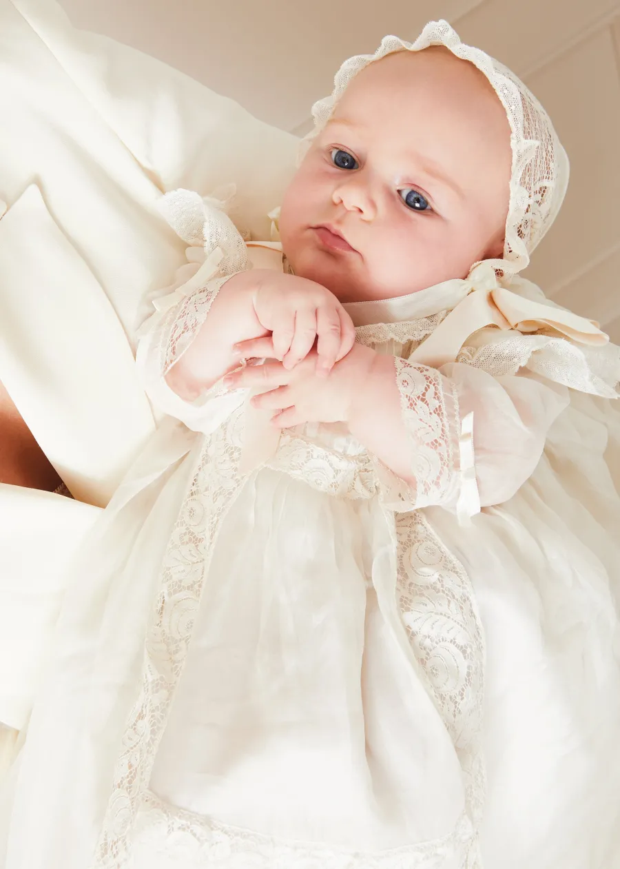 Pepa London Bespoke Organza Silk Christening Gown With Antique Lace and Bonnet