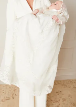 Pepa London Bespoke Organza Silk Christening Gown With Antique Lace and Bonnet