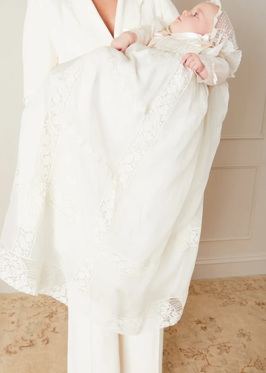 Pepa London Bespoke Organza Silk Christening Gown With Antique Lace and Bonnet