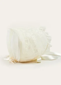 Pepa London Bespoke Organza Silk Christening Gown With Antique Lace and Bonnet