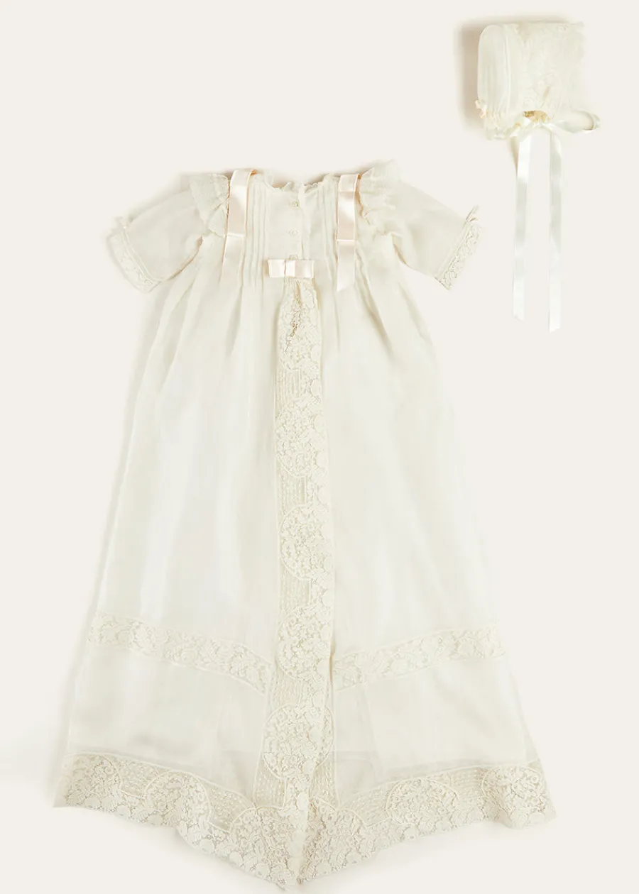 Pepa London Bespoke Organza Silk Christening Gown With Antique Lace and Bonnet