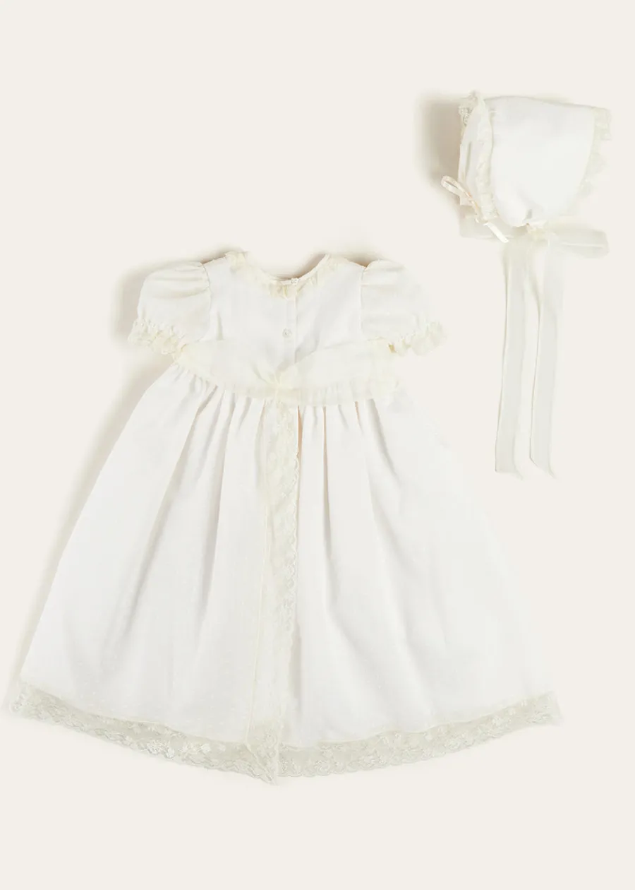 Pepa London Bespoke Plumeti Embroidered Organic Lawn Cotton Christening Dress and Bonnet
