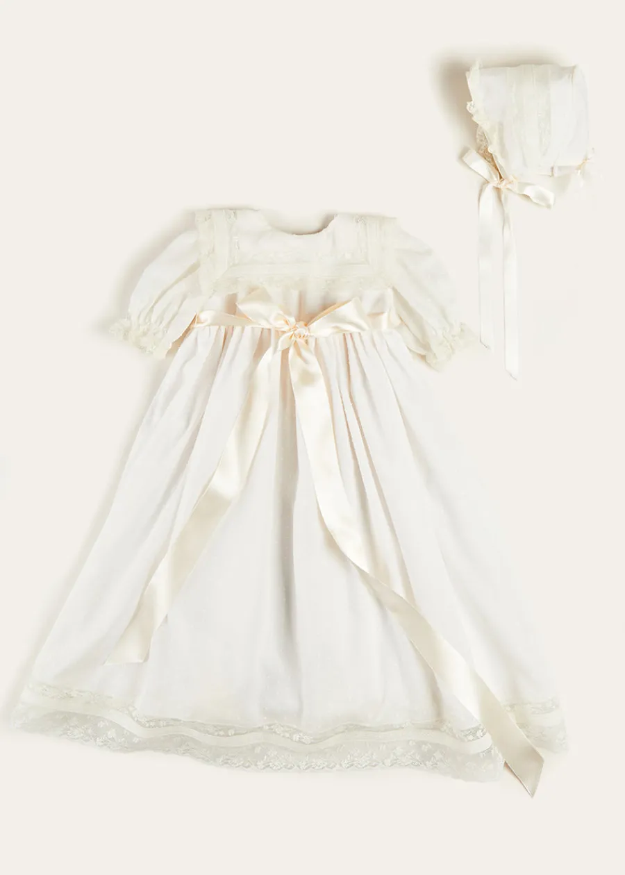 Pepa London Bespoke Traditional Christening Gown with Front Satin Sash and Bonnet