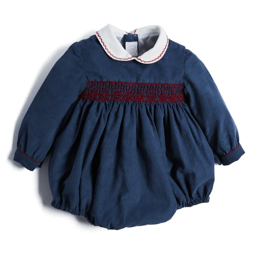 BOY Pepa London Blue Hand Smocked Corduroy Romper