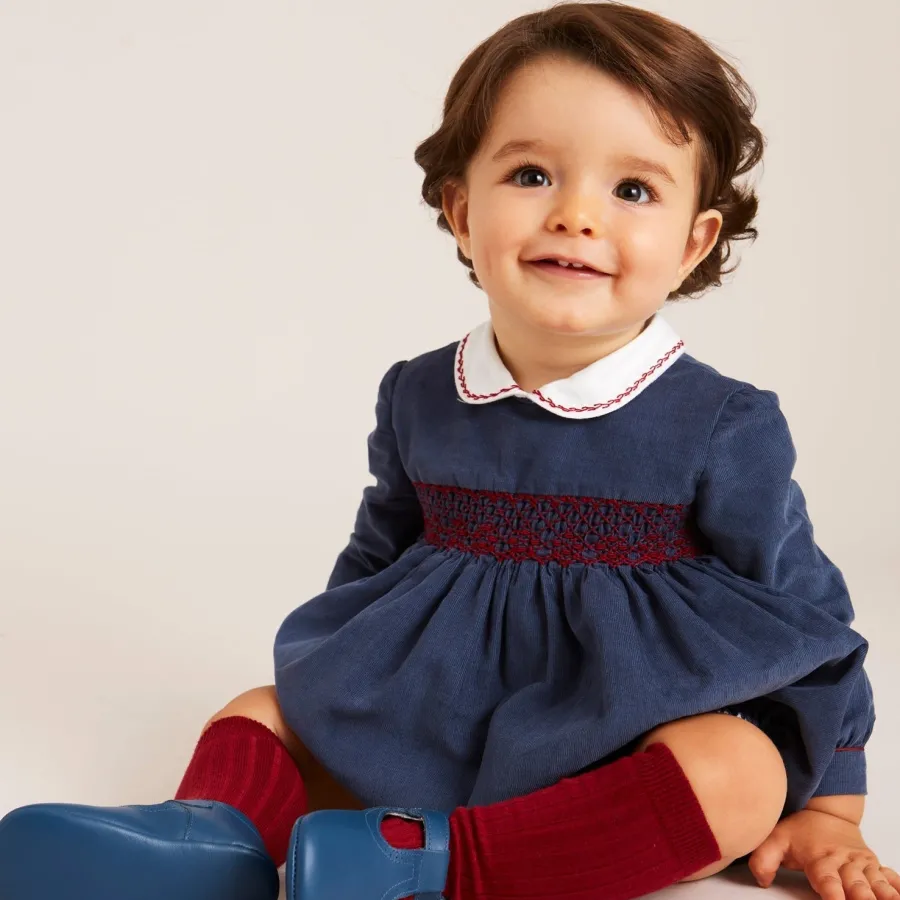 BOY Pepa London Blue Hand Smocked Corduroy Romper