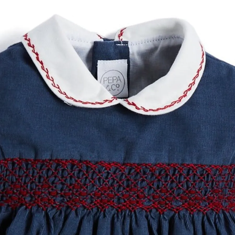 BOY Pepa London Blue Hand Smocked Corduroy Romper