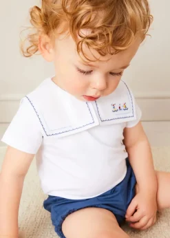 Pepa London Boat Embroidery Statement Collar Short Sleeve Bodysuit in White (3mths-2yrs)