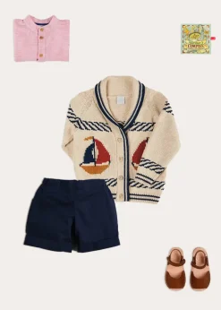 BOY Pepa London Boat Motif Shawl Neck Nautical Cardigan in Beige (2-10yrs) | Lawrence Striped Mao Collar Long Sleeve Shirt in Red (18mths-10yrs) | Classic Turn-up Hem Cotton Shorts in Navy (12mths-4yrs) | Open Toe Leather Sandals in Brown (17-30EU)