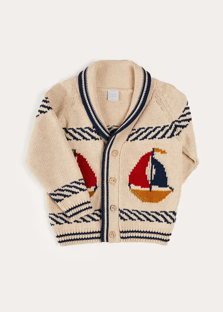 BOY Pepa London Boat Motif Shawl Neck Nautical Cardigan in Beige (2-10yrs)