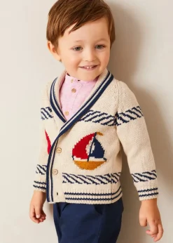 BOY Pepa London Boat Motif Shawl Neck Nautical Cardigan in Beige (2-10yrs) | Lawrence Striped Mao Collar Long Sleeve Shirt in Red (18mths-10yrs) | Classic Turn-up Hem Cotton Shorts in Navy (12mths-4yrs) | Open Toe Leather Sandals in Brown (17-30EU)
