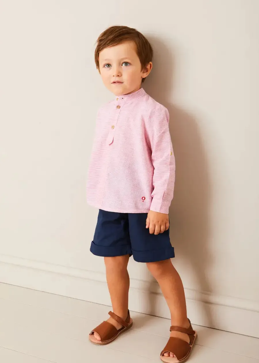 BOY Pepa London Boat Motif Shawl Neck Nautical Cardigan in Beige (2-10yrs) | Lawrence Striped Mao Collar Long Sleeve Shirt in Red (18mths-10yrs) | Classic Turn-up Hem Cotton Shorts in Navy (12mths-4yrs) | Open Toe Leather Sandals in Brown (17-30EU)