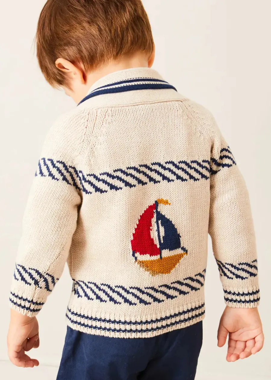 BOY Pepa London Boat Motif Shawl Neck Nautical Cardigan in Beige (2-10yrs)