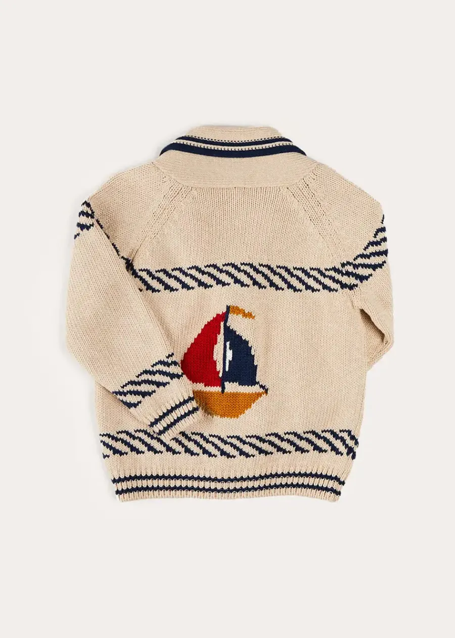 BOY Pepa London Boat Motif Shawl Neck Nautical Cardigan in Beige (2-10yrs)