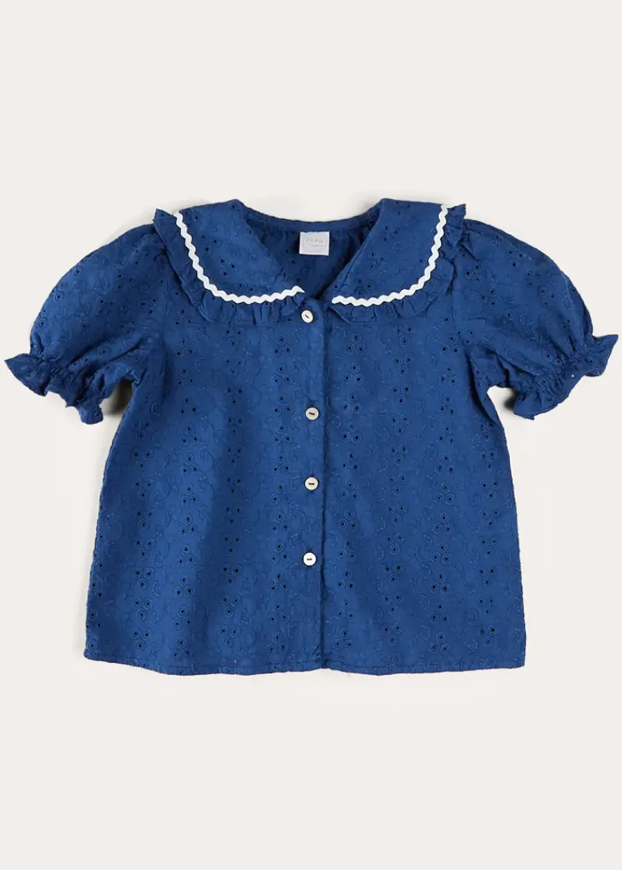 Pepa London Broderie Anglaise Statement Collar Short Sleeve Blouse in Blue (4-12yrs)